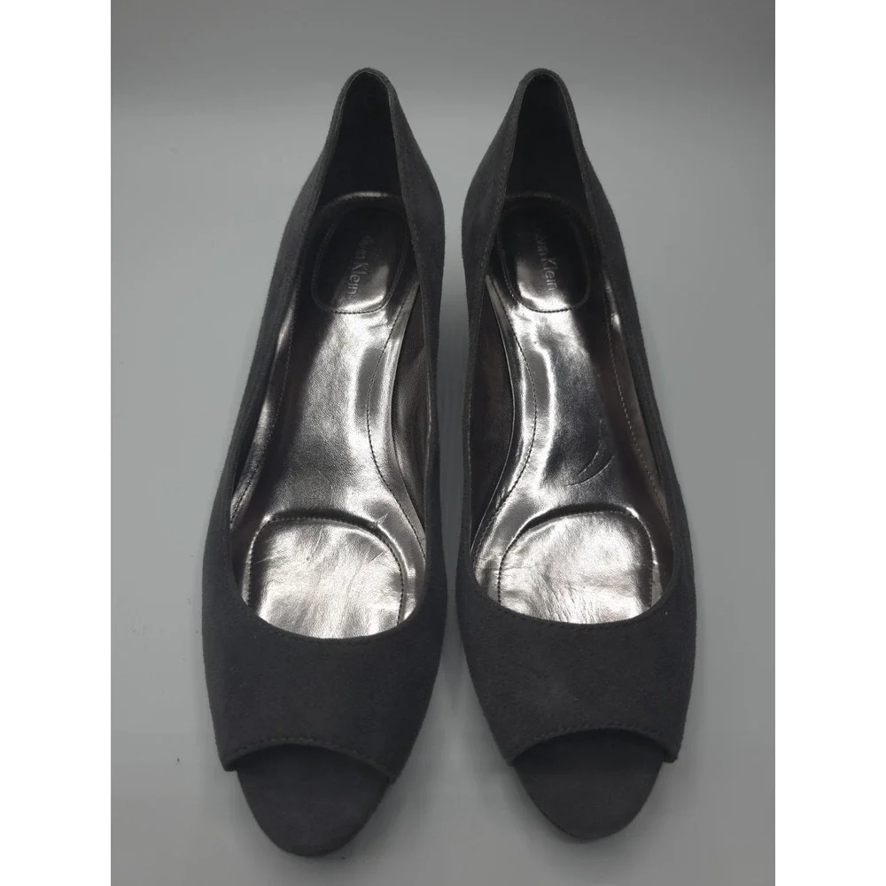 Calvin klein dark gray or charcoal suede peep-toe wedge shoes by with silver Sz9